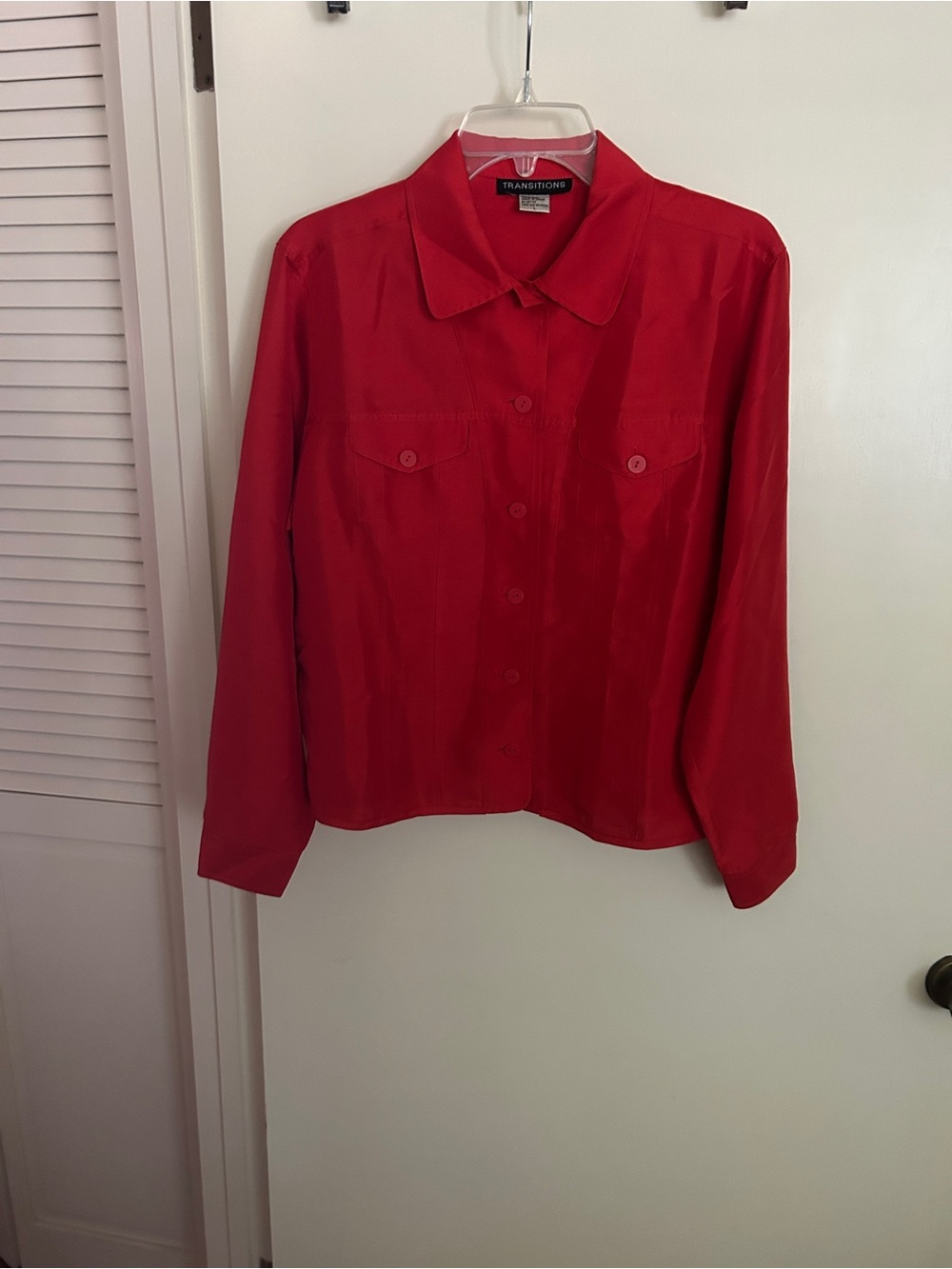 TRANSITIONS Women's Red Button-Front Blouse 100% Silk Long Sleeve